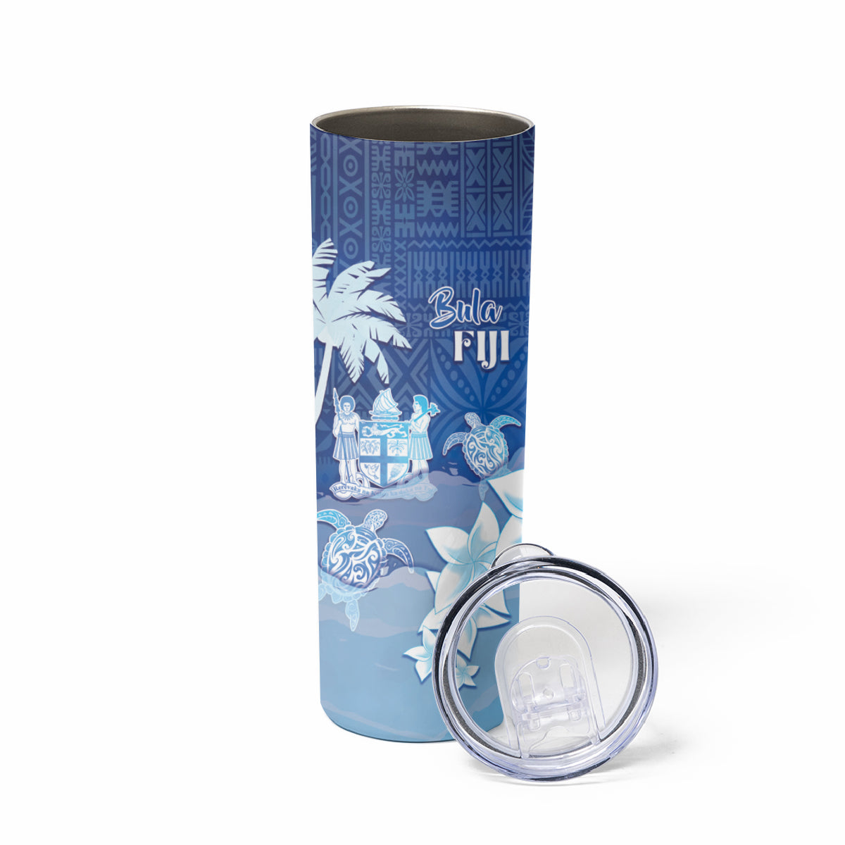 Bula Fiji Skinny Tumbler Fijian Masi Pattern With Blue Coat Of Arms