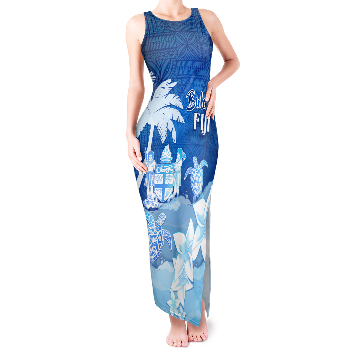 Personalised Bula Fiji Tank Maxi Dress Fijian Masi Pattern With Blue Coat Of Arms LT05 Women Blue - Polynesian Pride