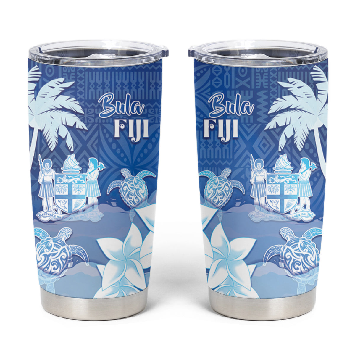 Bula Fiji Tumbler Cup Fijian Masi Pattern With Blue Coat Of Arms