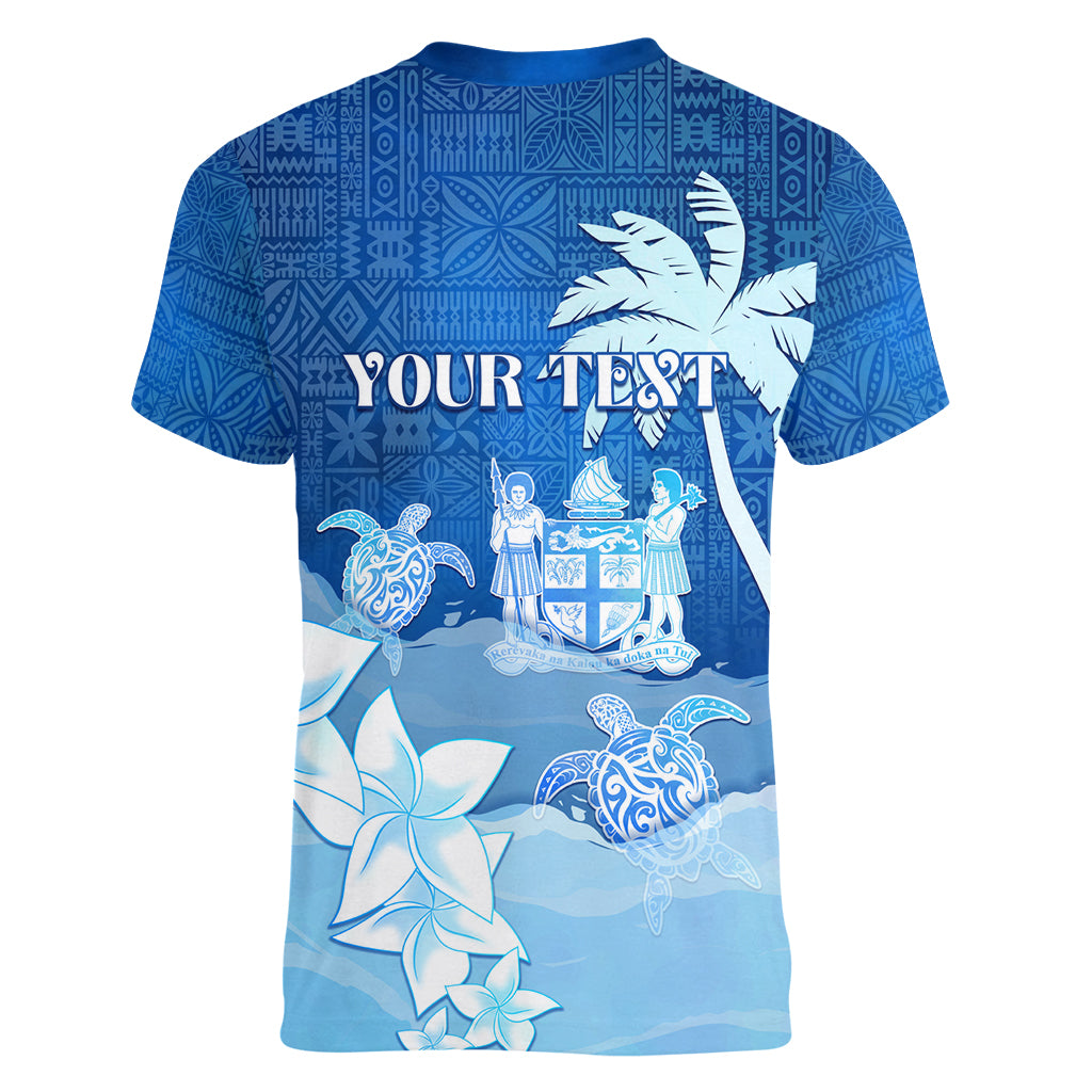Personalised Bula Fiji Women V Neck T Shirt Fijian Masi Pattern With Blue Coat Of Arms LT05 - Polynesian Pride