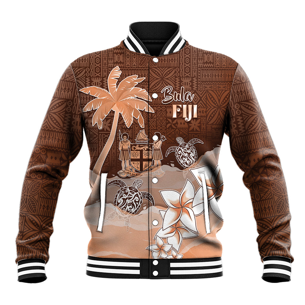 Personalised Bula Fiji Baseball Jacket Fijian Masi Pattern With Brown Coat Of Arms LT05 Unisex Brown - Polynesian Pride
