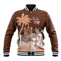 Personalised Bula Fiji Baseball Jacket Fijian Masi Pattern With Brown Coat Of Arms LT05 Unisex Brown - Polynesian Pride