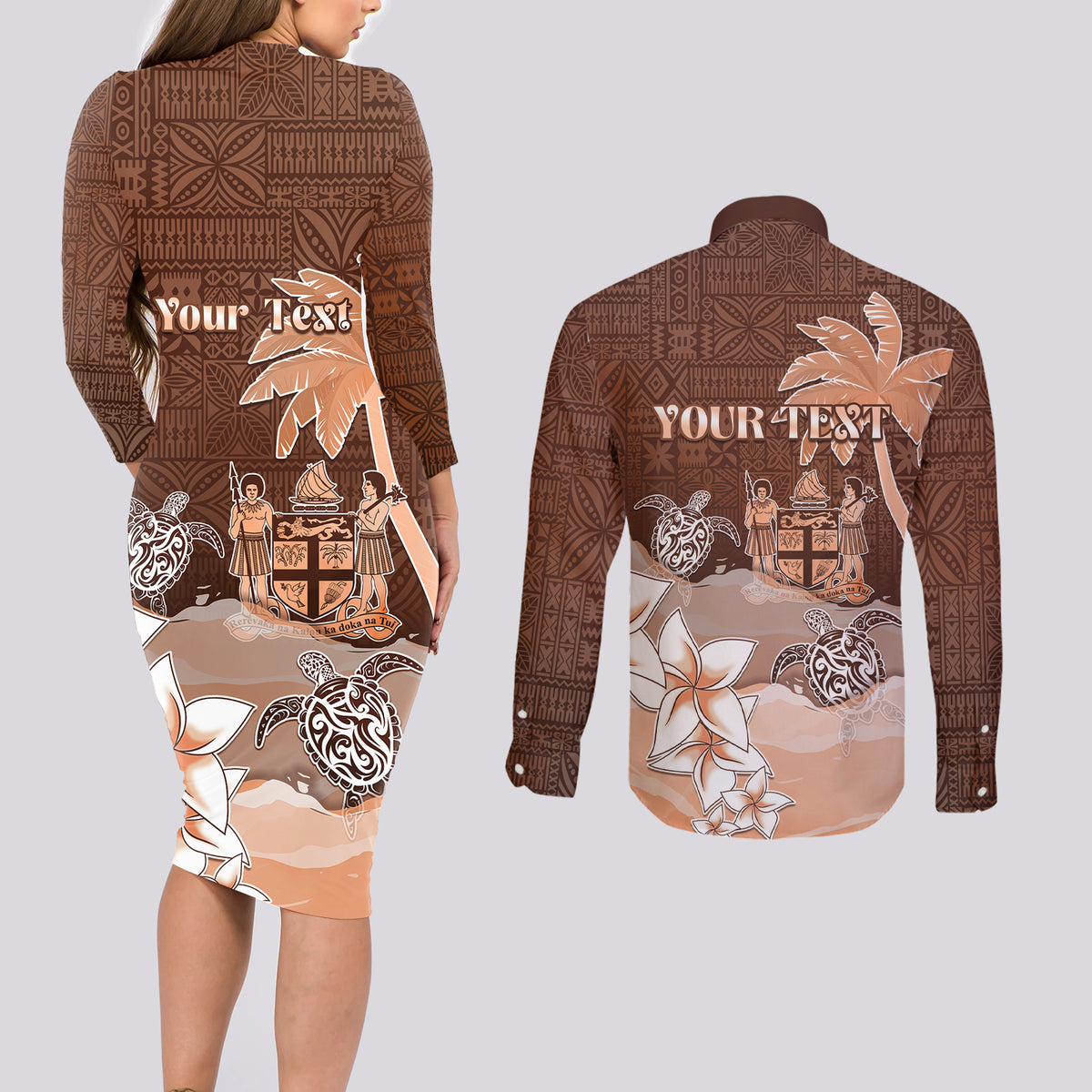 Personalised Bula Fiji Couples Matching Long Sleeve Bodycon Dress and Long Sleeve Button Shirt Fijian Masi Pattern With Brown Coat Of Arms LT05 - Polynesian Pride
