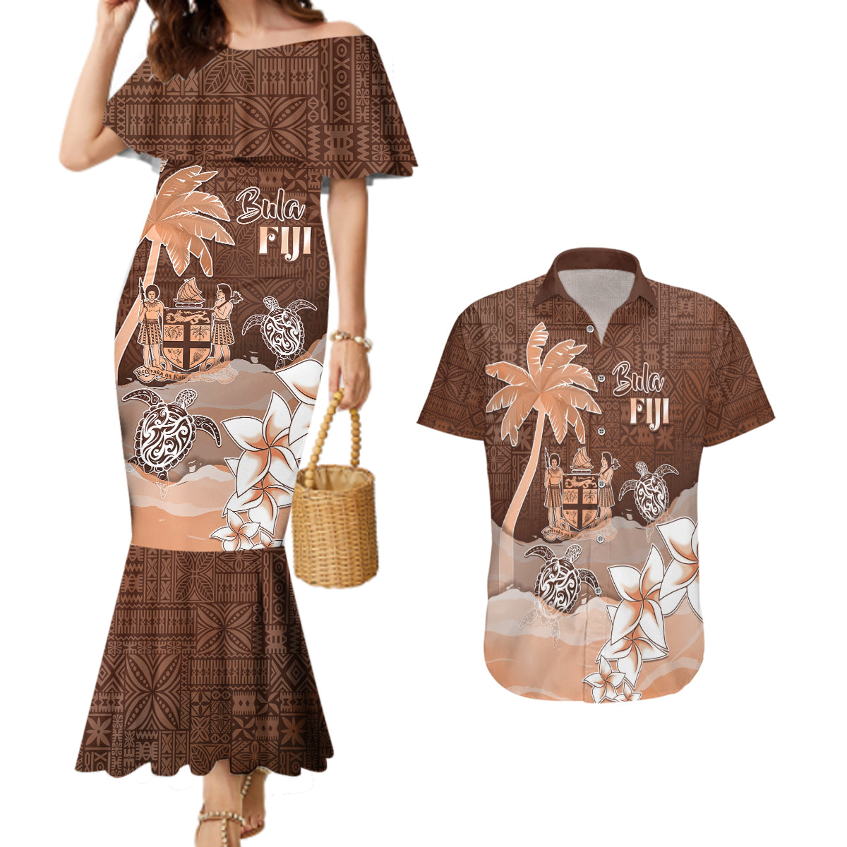 Personalised Bula Fiji Couples Matching Mermaid Dress and Hawaiian Shirt Fijian Masi Pattern With Brown Coat Of Arms LT05 Brown - Polynesian Pride