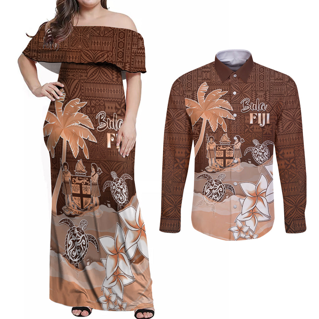 Personalised Bula Fiji Couples Matching Off Shoulder Maxi Dress and Long Sleeve Button Shirt Fijian Masi Pattern With Brown Coat Of Arms LT05 Brown - Polynesian Pride