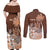 Personalised Bula Fiji Couples Matching Off Shoulder Maxi Dress and Long Sleeve Button Shirt Fijian Masi Pattern With Brown Coat Of Arms LT05 - Polynesian Pride