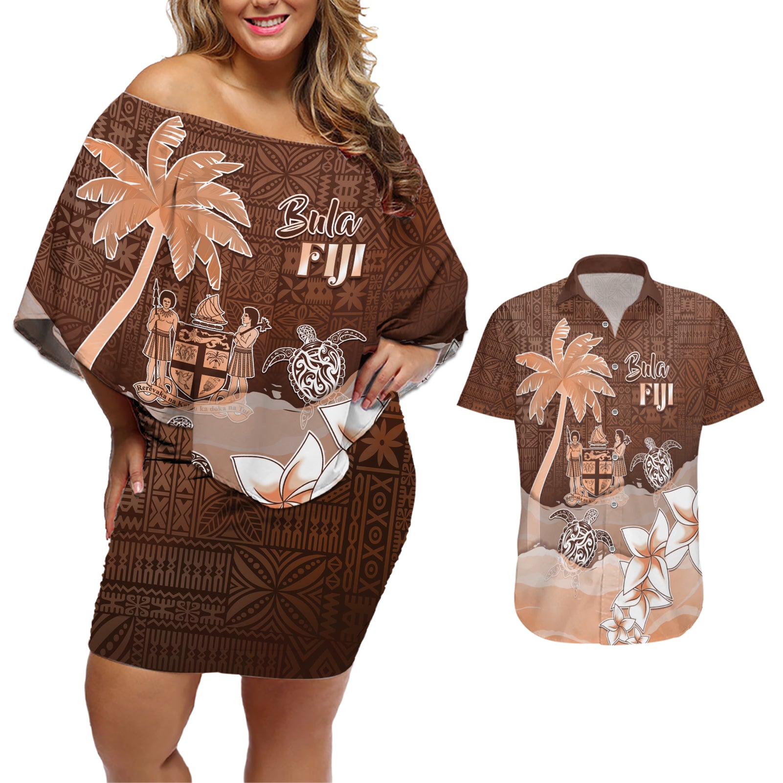 Personalised Bula Fiji Couples Matching Off Shoulder Short Dress and Hawaiian Shirt Fijian Masi Pattern With Brown Coat Of Arms LT05 Brown - Polynesian Pride