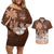 Personalised Bula Fiji Couples Matching Off Shoulder Short Dress and Hawaiian Shirt Fijian Masi Pattern With Brown Coat Of Arms LT05 Brown - Polynesian Pride