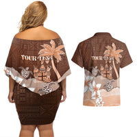 Personalised Bula Fiji Couples Matching Off Shoulder Short Dress and Hawaiian Shirt Fijian Masi Pattern With Brown Coat Of Arms LT05 - Polynesian Pride
