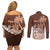 Personalised Bula Fiji Couples Matching Off Shoulder Short Dress and Long Sleeve Button Shirt Fijian Masi Pattern With Brown Coat Of Arms LT05 - Polynesian Pride