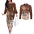 Personalised Bula Fiji Couples Matching Off The Shoulder Long Sleeve Dress and Long Sleeve Button Shirt Fijian Masi Pattern With Brown Coat Of Arms LT05 Brown - Polynesian Pride