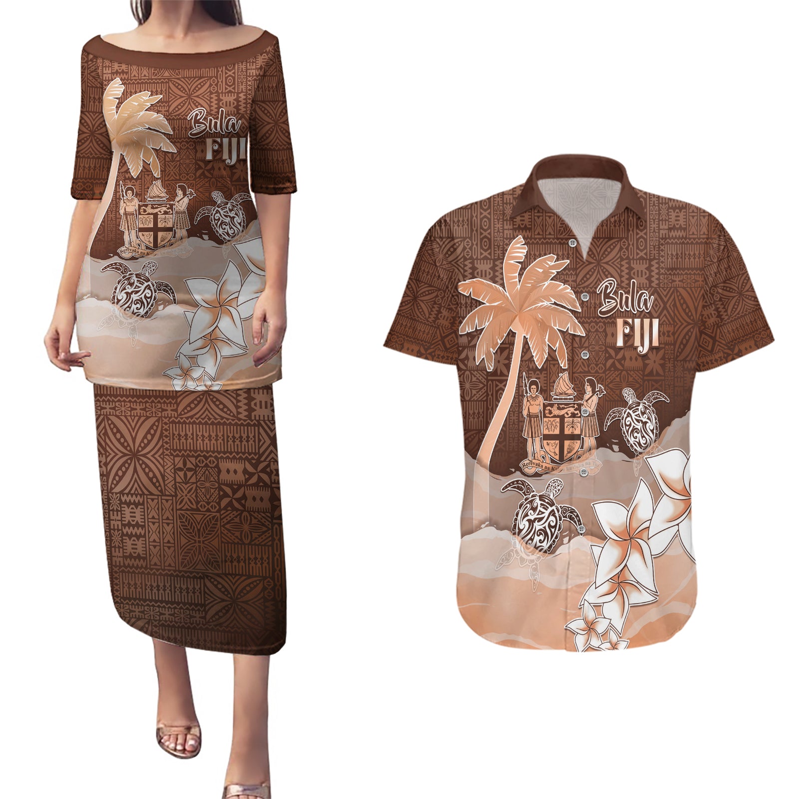 Personalised Bula Fiji Couples Matching Puletasi and Hawaiian Shirt Fijian Masi Pattern With Brown Coat Of Arms LT05 Brown - Polynesian Pride