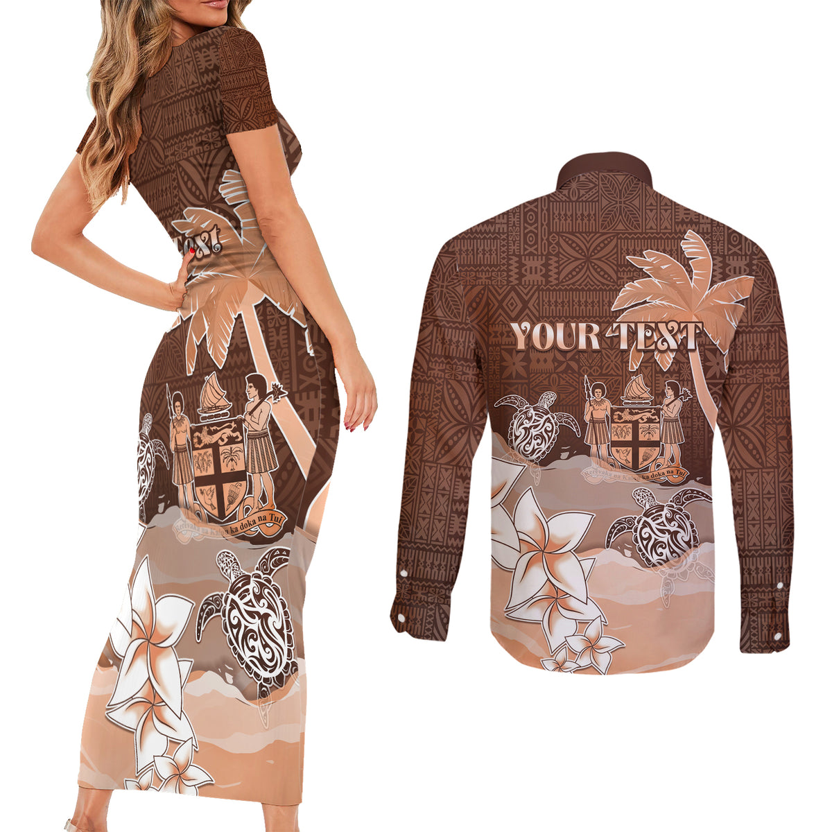Personalised Bula Fiji Couples Matching Short Sleeve Bodycon Dress and Long Sleeve Button Shirt Fijian Masi Pattern With Brown Coat Of Arms LT05 - Polynesian Pride