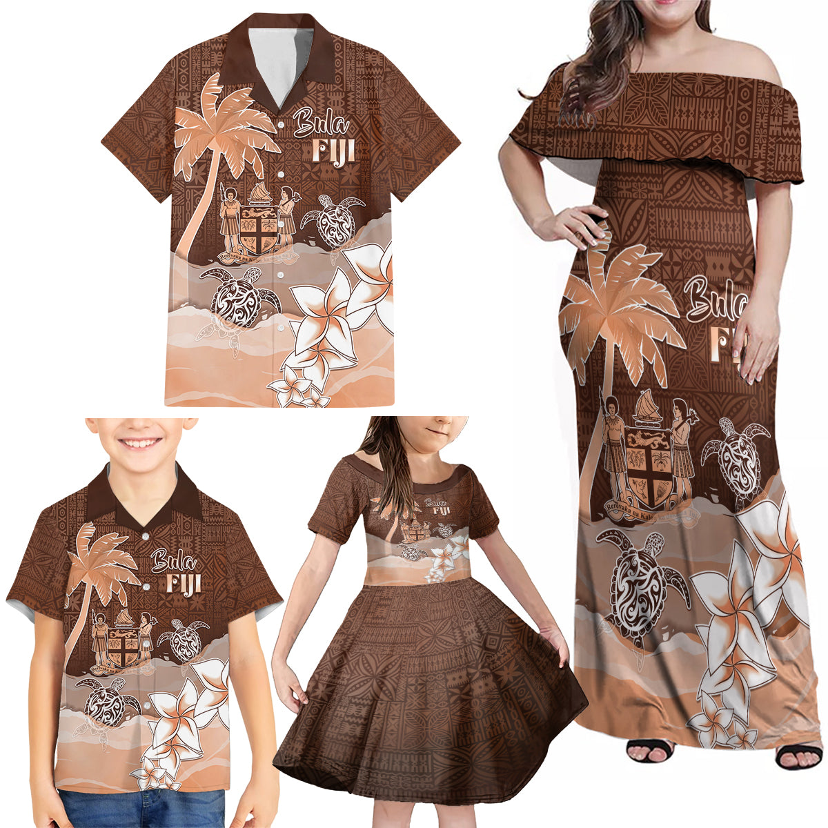 Personalised Bula Fiji Family Matching Off Shoulder Maxi Dress and Hawaiian Shirt Fijian Masi Pattern With Brown Coat Of Arms LT05 - Polynesian Pride