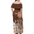 Personalised Bula Fiji Family Matching Off Shoulder Maxi Dress and Hawaiian Shirt Fijian Masi Pattern With Brown Coat Of Arms LT05 - Polynesian Pride