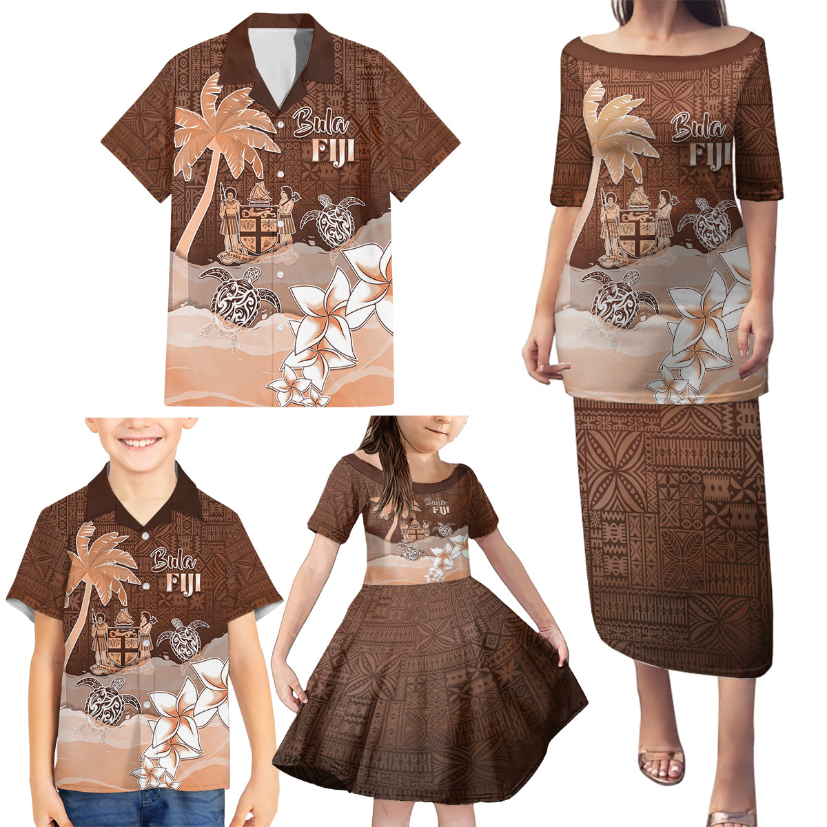 Personalised Bula Fiji Family Matching Puletasi and Hawaiian Shirt Fijian Masi Pattern With Brown Coat Of Arms LT05 - Polynesian Pride