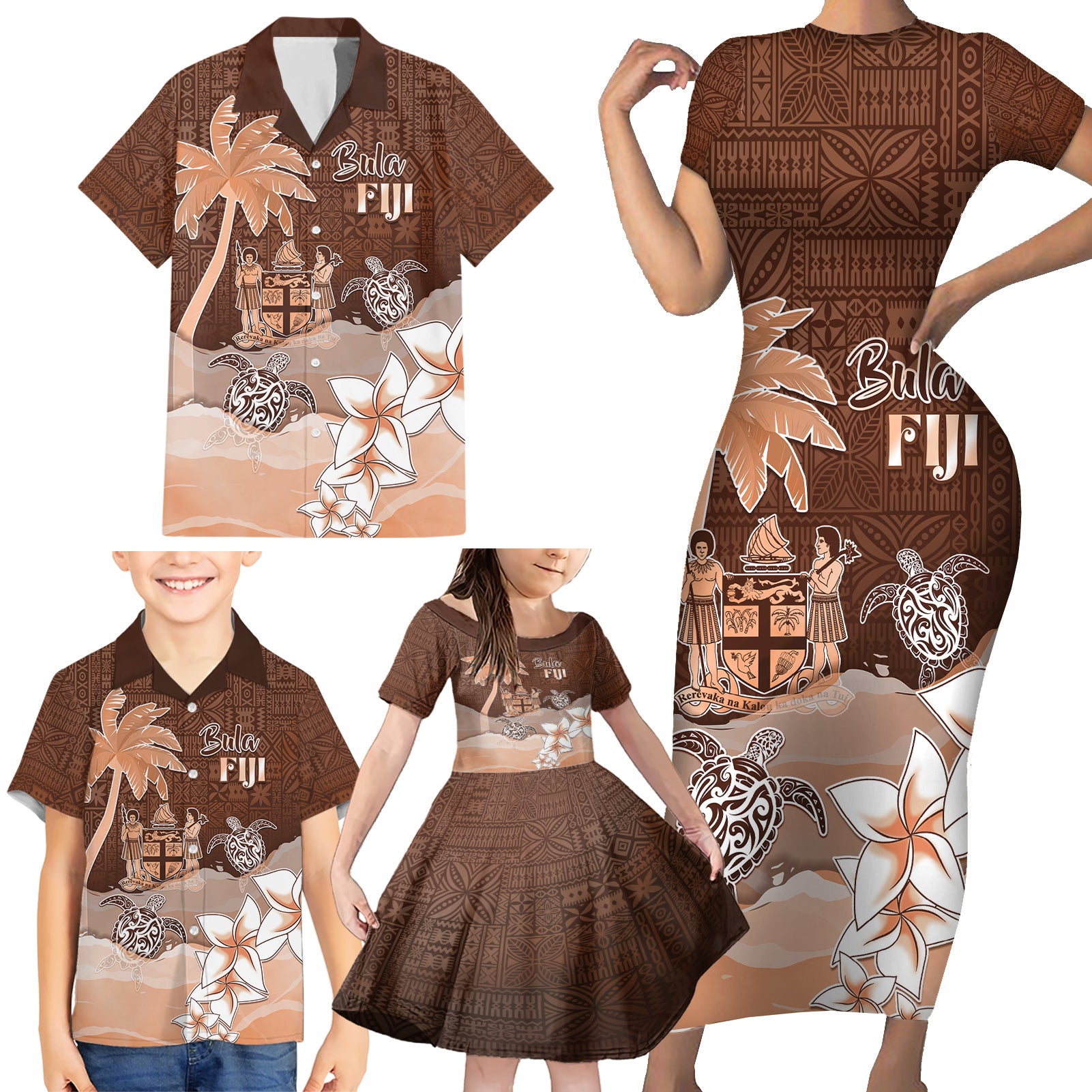 Personalised Bula Fiji Family Matching Short Sleeve Bodycon Dress and Hawaiian Shirt Fijian Masi Pattern With Brown Coat Of Arms LT05 - Polynesian Pride