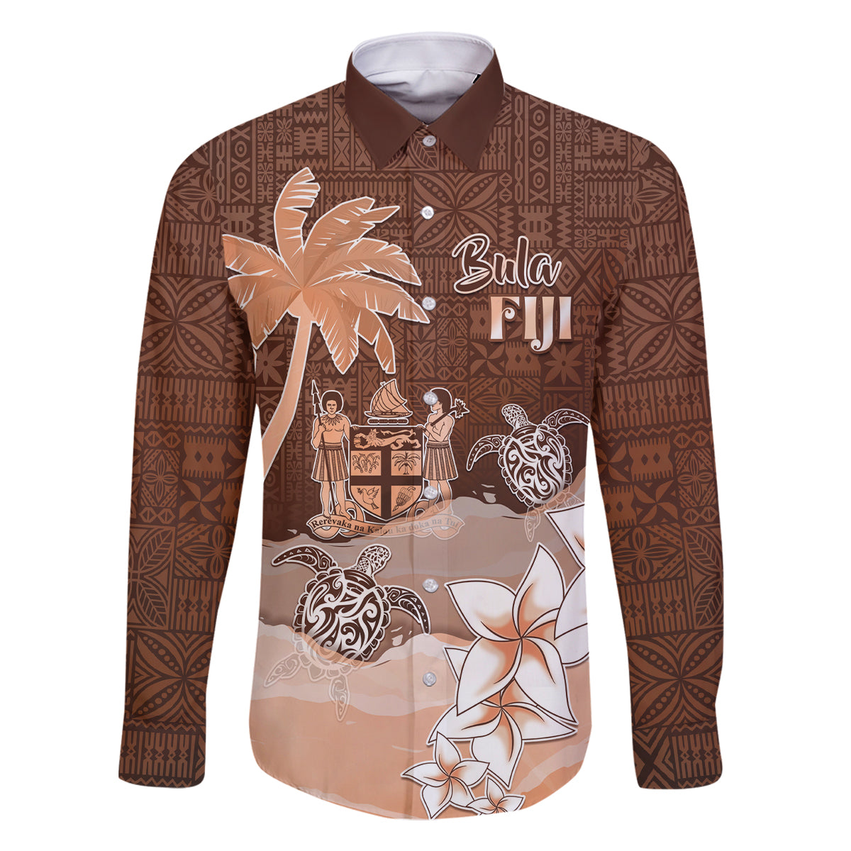 Personalised Bula Fiji Family Matching Summer Maxi Dress and Hawaiian Shirt Fijian Masi Pattern With Brown Coat Of Arms LT05 Dad's Shirt - Long Sleeve Brown - Polynesian Pride