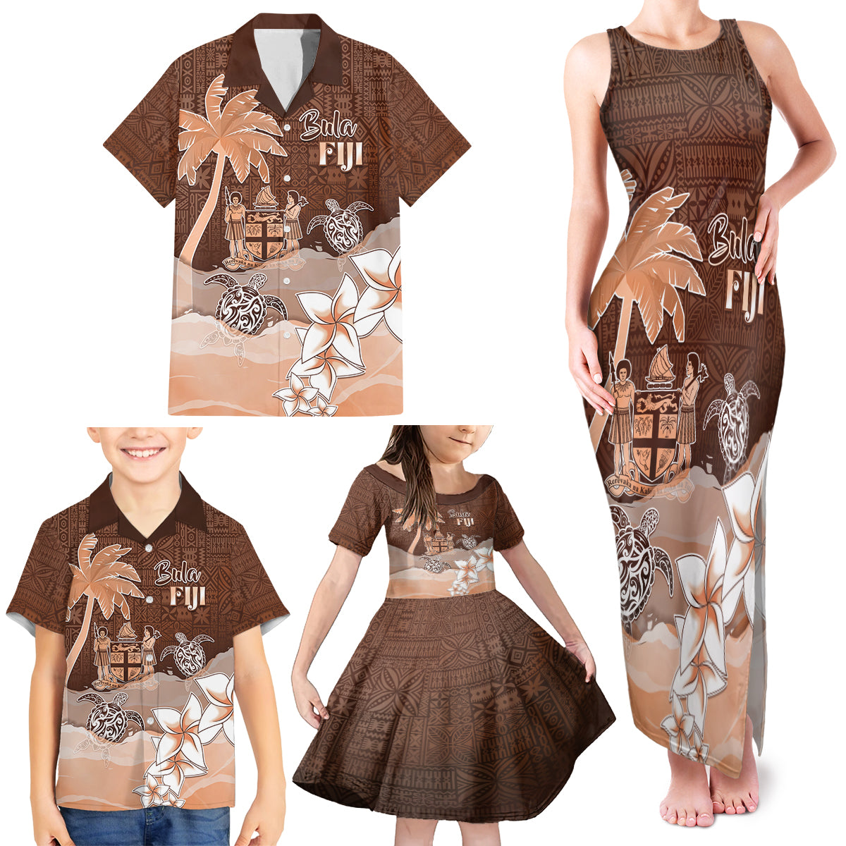 Personalised Bula Fiji Family Matching Tank Maxi Dress and Hawaiian Shirt Fijian Masi Pattern With Brown Coat Of Arms LT05 - Polynesian Pride