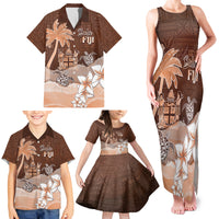 Personalised Bula Fiji Family Matching Tank Maxi Dress and Hawaiian Shirt Fijian Masi Pattern With Brown Coat Of Arms LT05 - Polynesian Pride