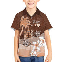 Personalised Bula Fiji Kid Hawaiian Shirt Fijian Masi Pattern With Brown Coat Of Arms LT05 Kid Brown - Polynesian Pride