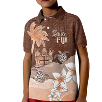 Personalised Bula Fiji Kid Polo Shirt Fijian Masi Pattern With Brown Coat Of Arms LT05 Kid Brown - Polynesian Pride