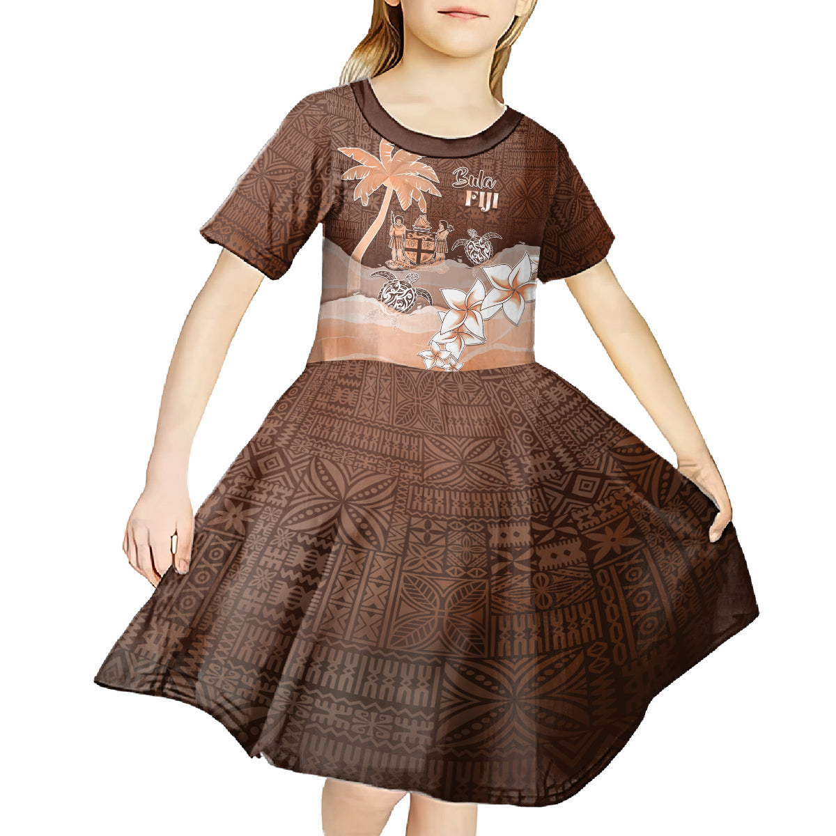 Personalised Bula Fiji Kid Short Sleeve Dress Fijian Masi Pattern With Brown Coat Of Arms LT05 - Polynesian Pride