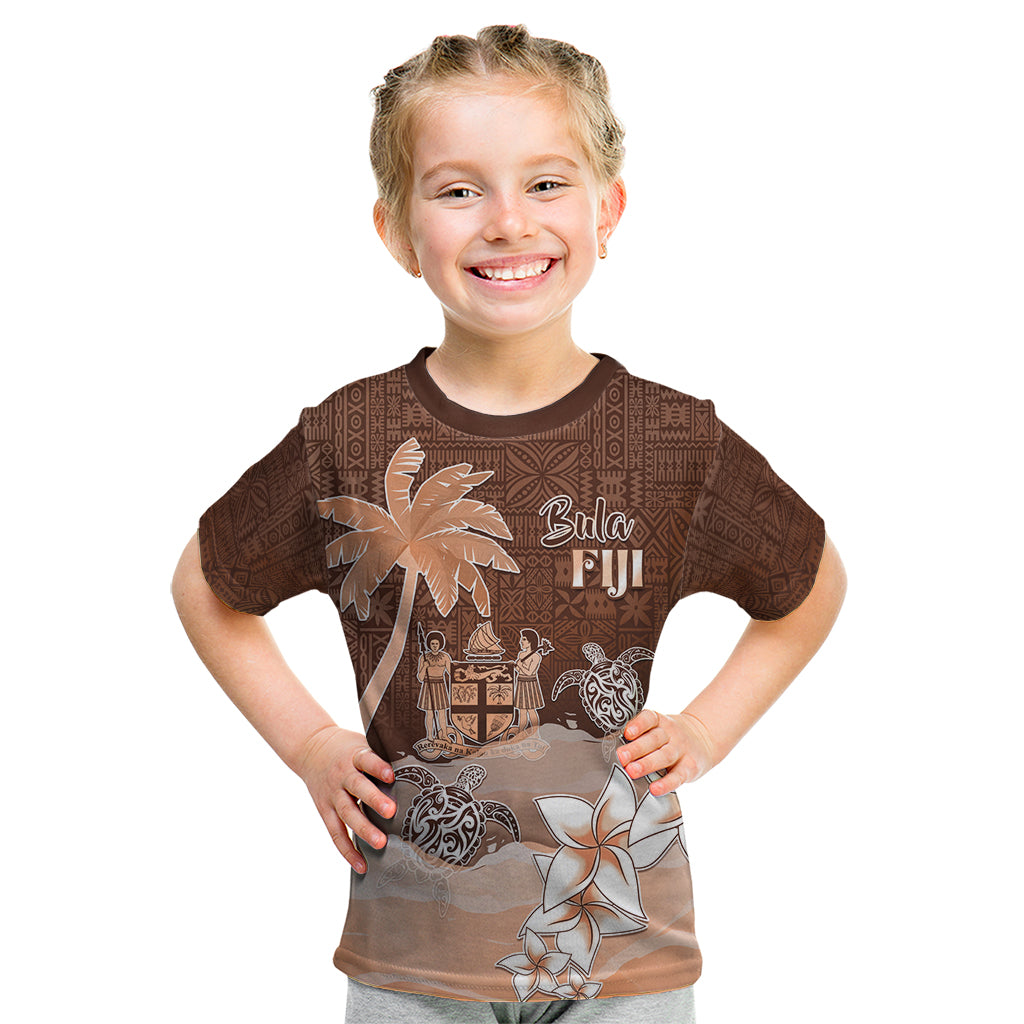 Personalised Bula Fiji Kid T Shirt Fijian Masi Pattern With Brown Coat Of Arms LT05 Brown - Polynesian Pride