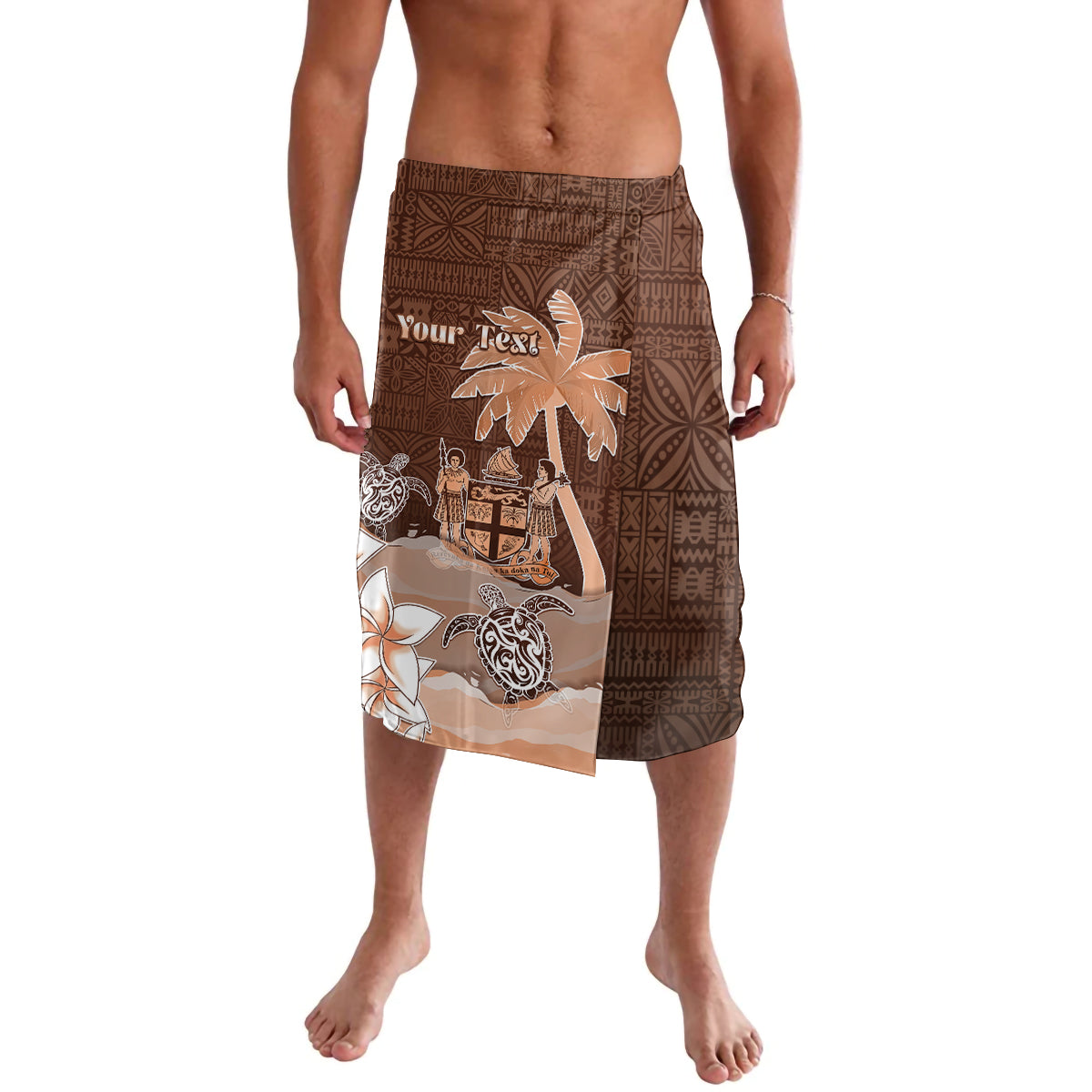 Personalised Bula Fiji Lavalava Fijian Masi Pattern With Brown Coat Of Arms LT05 Brown - Polynesian Pride