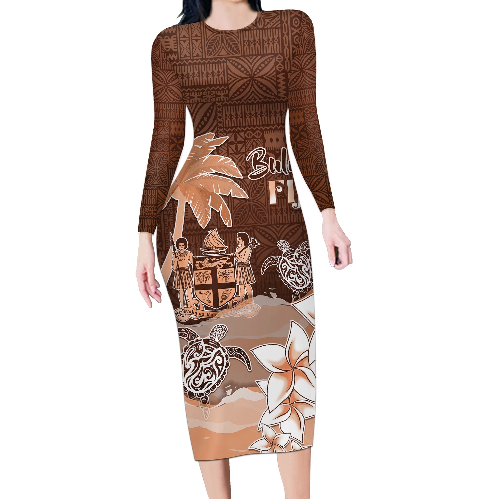 Personalised Bula Fiji Long Sleeve Bodycon Dress Fijian Masi Pattern With Brown Coat Of Arms LT05 Long Dress Brown - Polynesian Pride