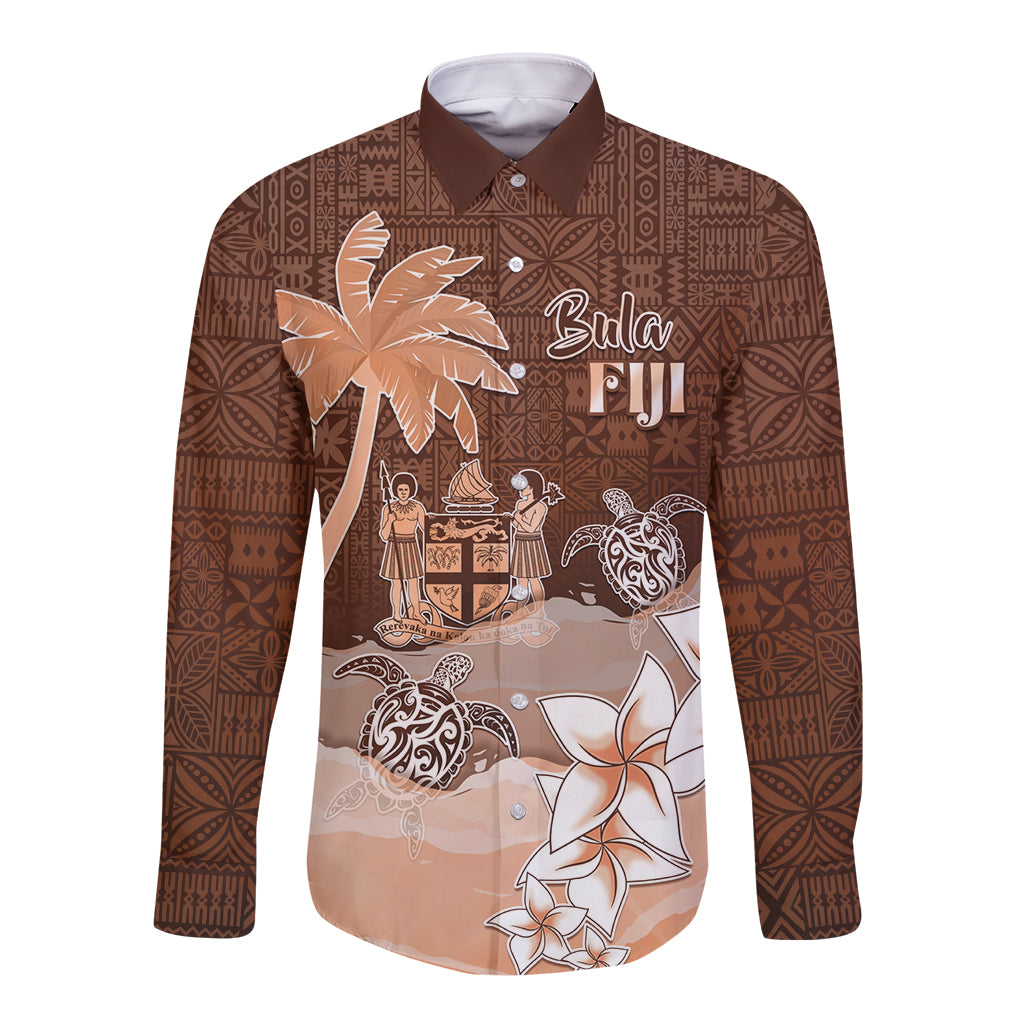 Personalised Bula Fiji Long Sleeve Button Shirt Fijian Masi Pattern With Brown Coat Of Arms LT05 Unisex Brown - Polynesian Pride