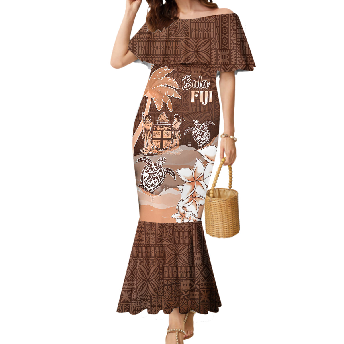 Personalised Bula Fiji Mermaid Dress Fijian Masi Pattern With Brown Coat Of Arms LT05 Women Brown - Polynesian Pride