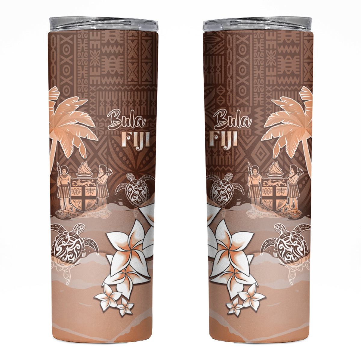 Bula Fiji Skinny Tumbler Fijian Masi Pattern With Brown Coat Of Arms