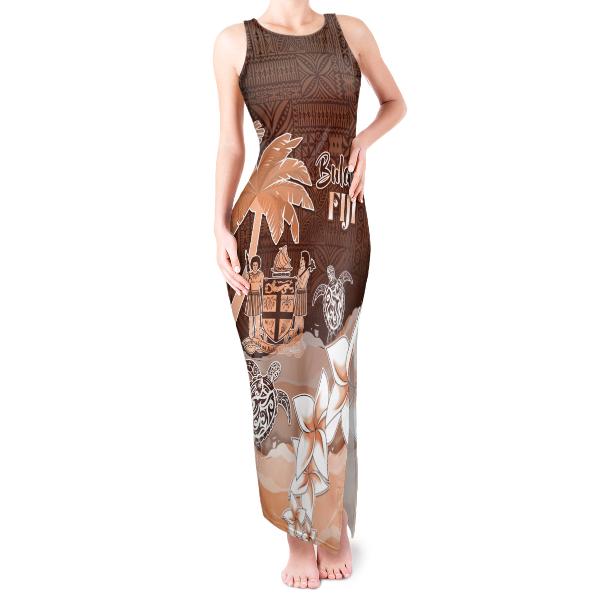 Personalised Bula Fiji Tank Maxi Dress Fijian Masi Pattern With Brown Coat Of Arms LT05 Women Brown - Polynesian Pride