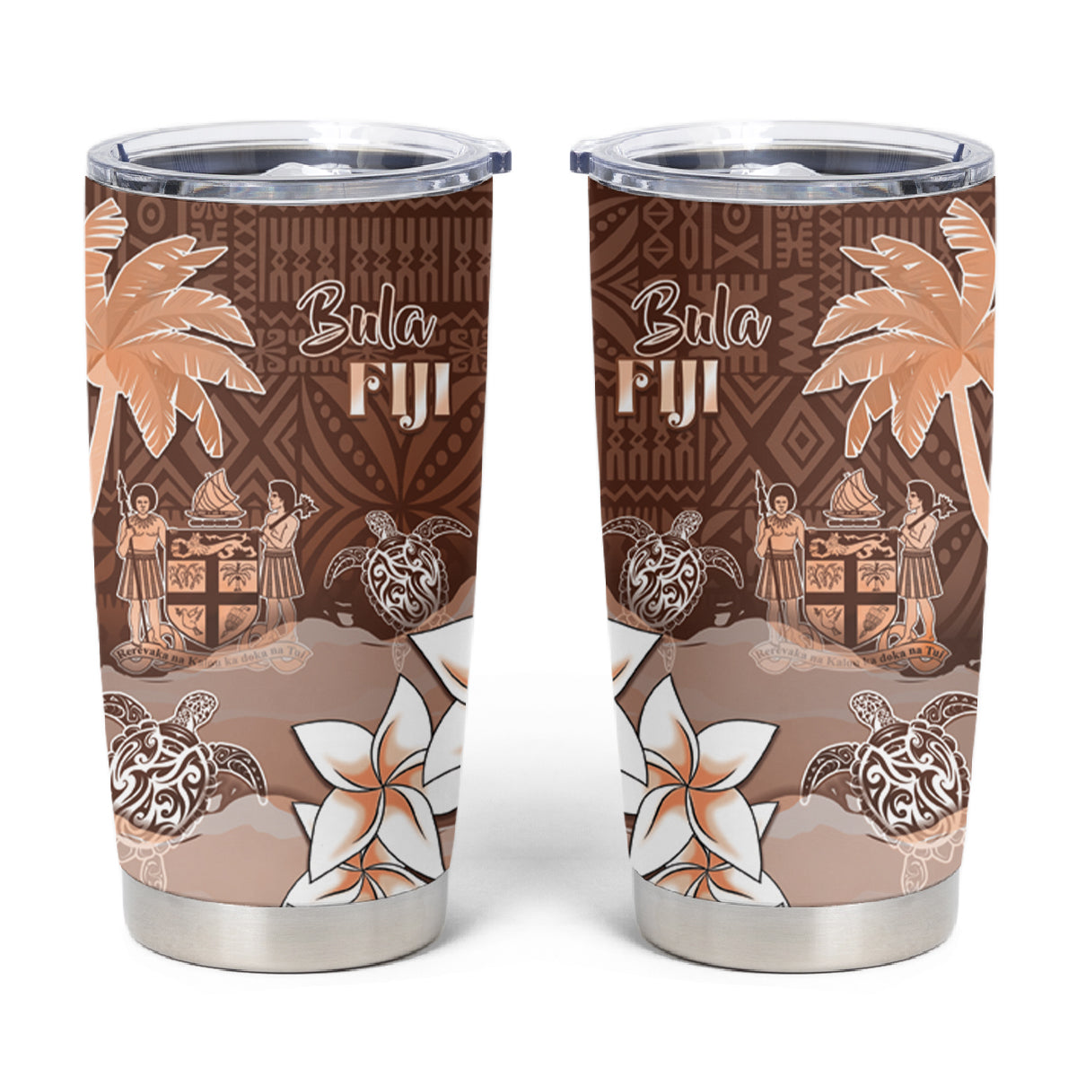 Bula Fiji Tumbler Cup Fijian Masi Pattern With Brown Coat Of Arms