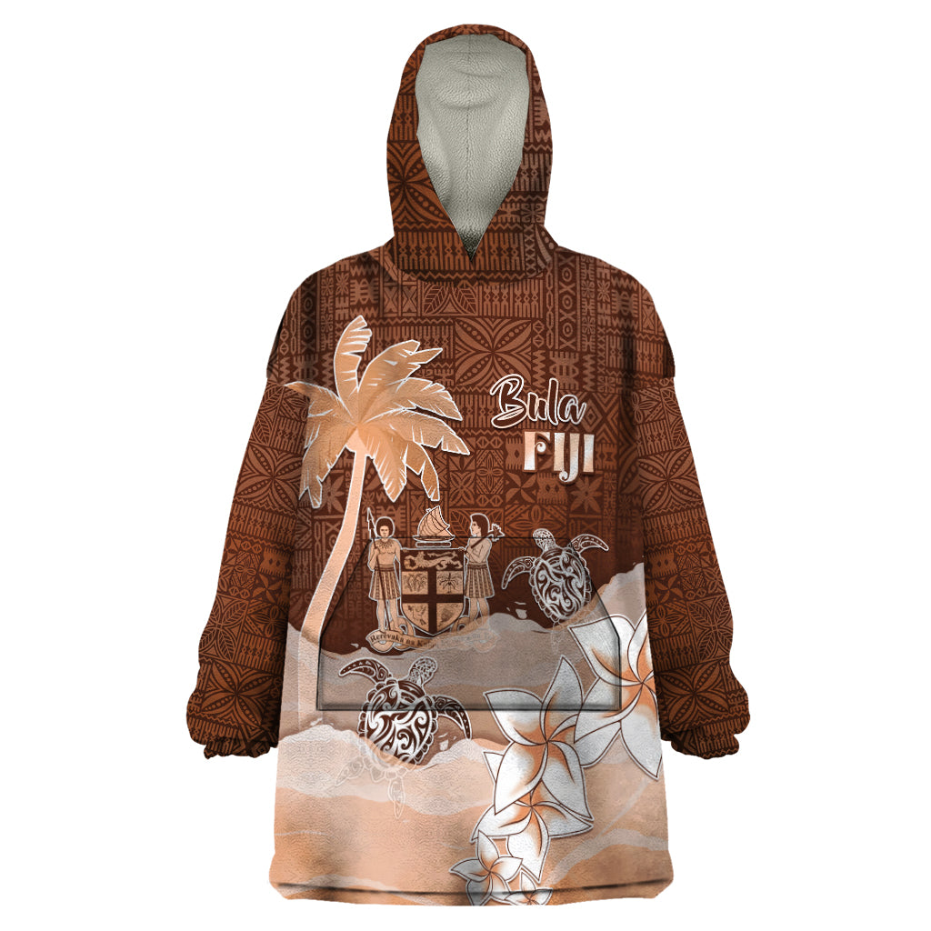 Personalised Bula Fiji Wearable Blanket Hoodie Fijian Masi Pattern With Brown Coat Of Arms LT05 One Size Brown - Polynesian Pride