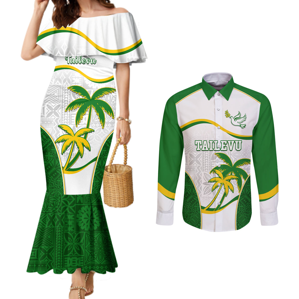 Custom Tailevu Rugby Couples Matching Mermaid Dress and Long Sleeve Button Shirt Fiji Tapa Pattern LT05 Green - Polynesian Pride