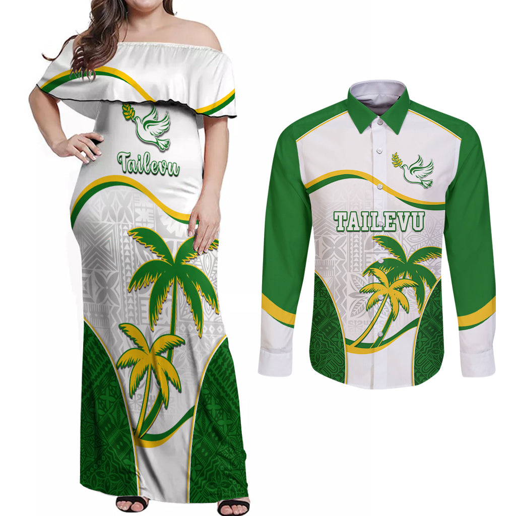 Custom Tailevu Rugby Couples Matching Off Shoulder Maxi Dress and Long Sleeve Button Shirt Fiji Tapa Pattern LT05 Green - Polynesian Pride