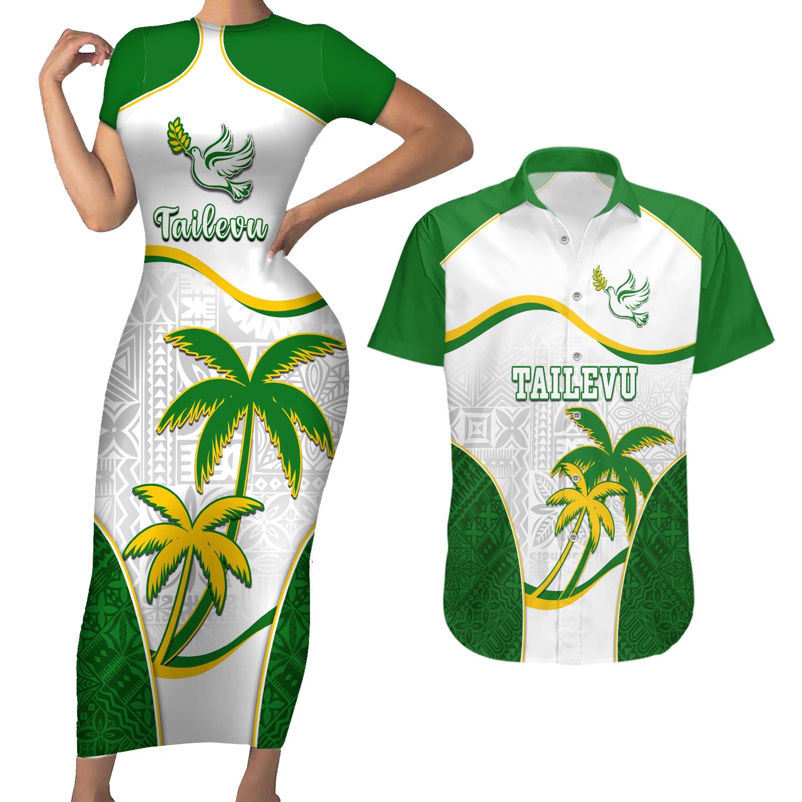 Custom Tailevu Rugby Couples Matching Short Sleeve Bodycon Dress and Hawaiian Shirt Fiji Tapa Pattern LT05 Green - Polynesian Pride