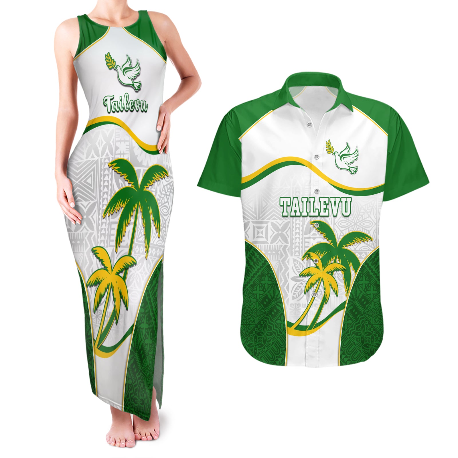 Custom Tailevu Rugby Couples Matching Tank Maxi Dress and Hawaiian Shirt Fiji Tapa Pattern LT05 Green - Polynesian Pride