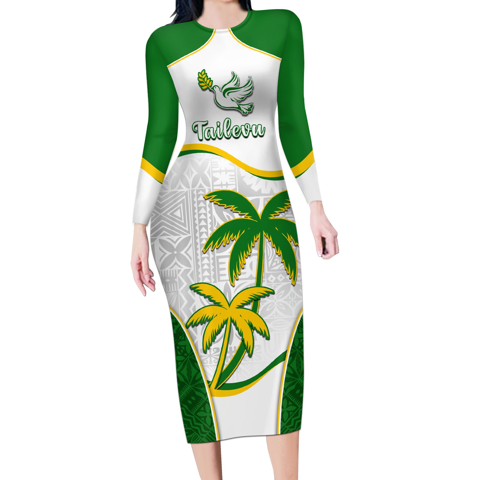 Custom Tailevu Rugby Long Sleeve Bodycon Dress Fiji Tapa Pattern LT05 Long Dress Green - Polynesian Pride