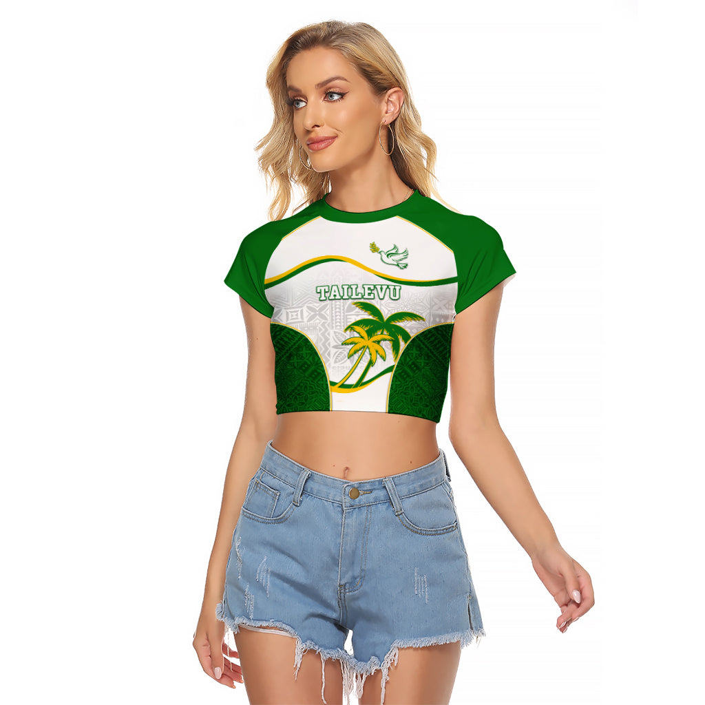 Custom Tailevu Rugby Raglan Cropped T Shirt Fiji Tapa Pattern LT05 Female Green - Polynesian Pride