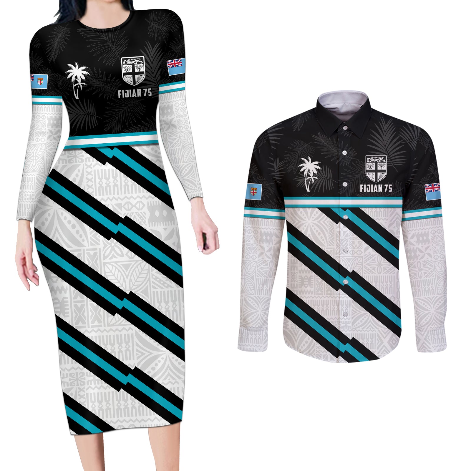 Custom Fiji Rugby Couples Matching Long Sleeve Bodycon Dress and Long Sleeve Button Shirt Fijian 7s With Tapa Pattern LT05 White - Polynesian Pride
