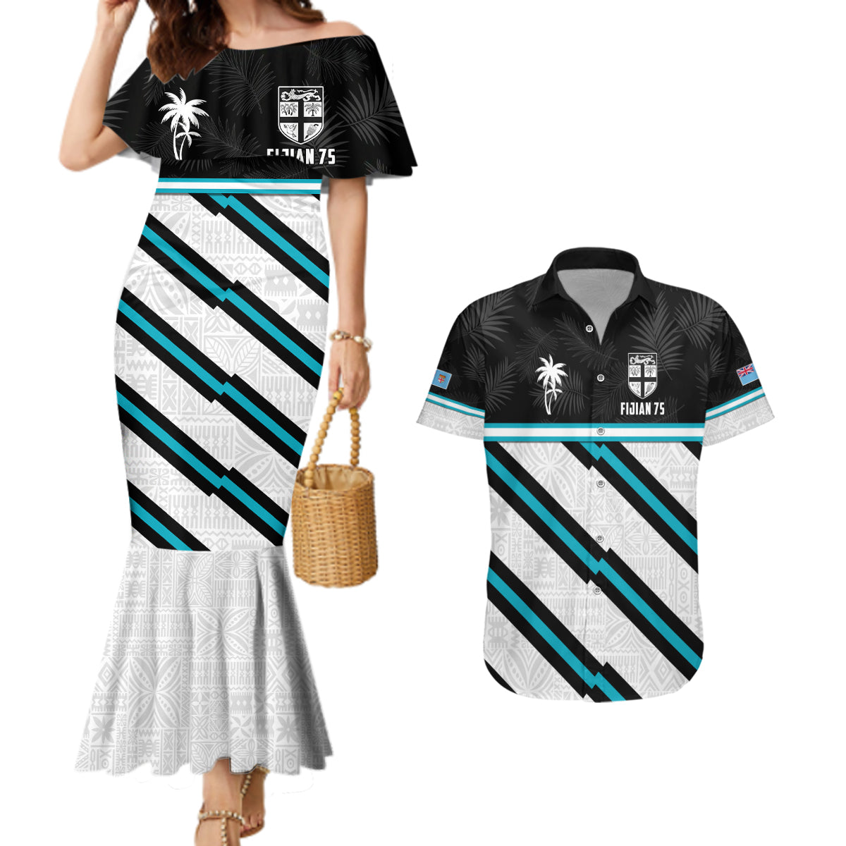 Custom Fiji Rugby Couples Matching Mermaid Dress and Hawaiian Shirt Fijian 7s With Tapa Pattern LT05 White - Polynesian Pride