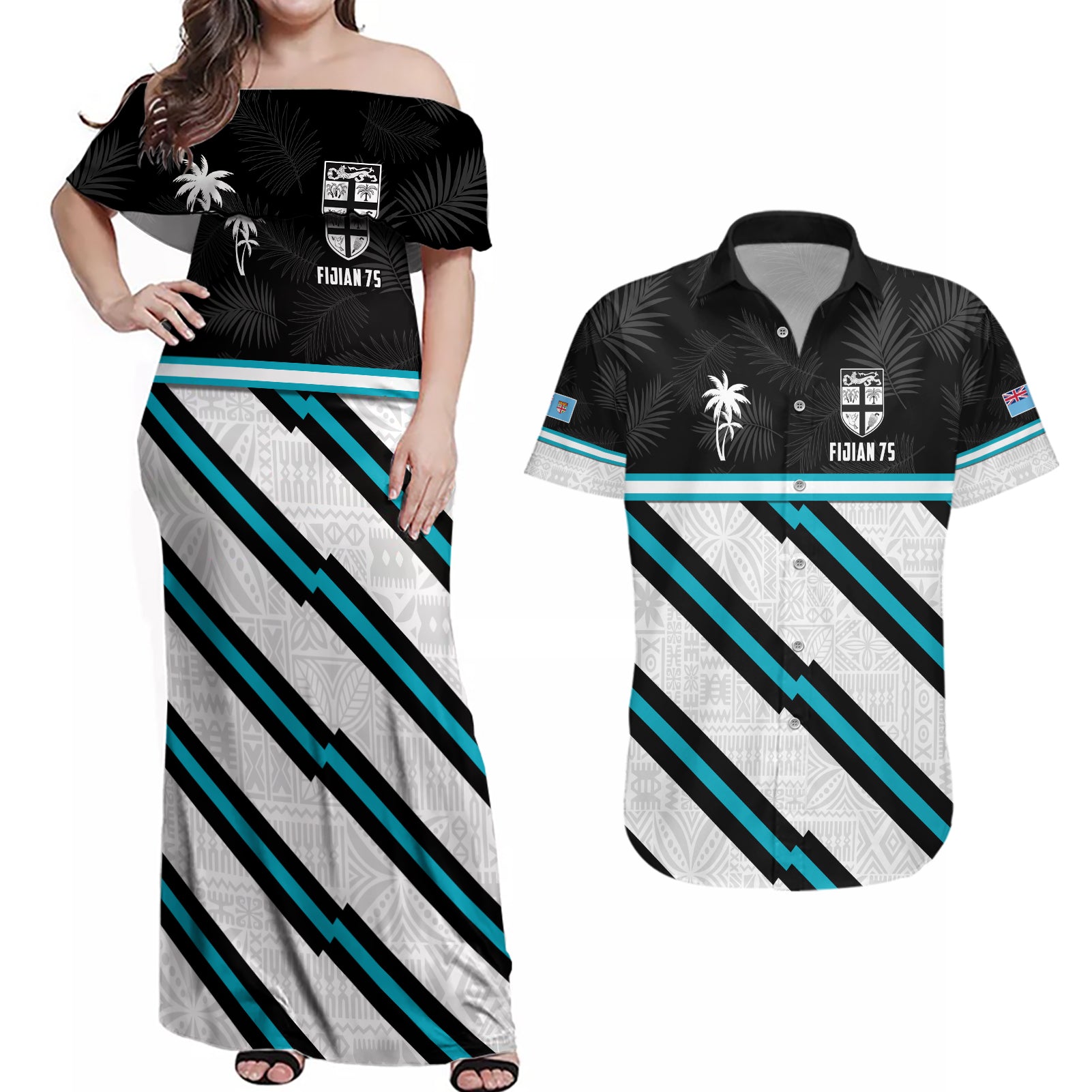 Custom Fiji Rugby Couples Matching Off Shoulder Maxi Dress and Hawaiian Shirt Fijian 7s With Tapa Pattern LT05 White - Polynesian Pride