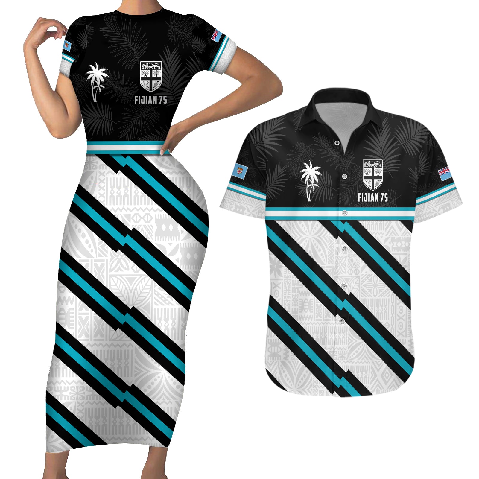 Custom Fiji Rugby Couples Matching Short Sleeve Bodycon Dress and Hawaiian Shirt Fijian 7s With Tapa Pattern LT05 White - Polynesian Pride