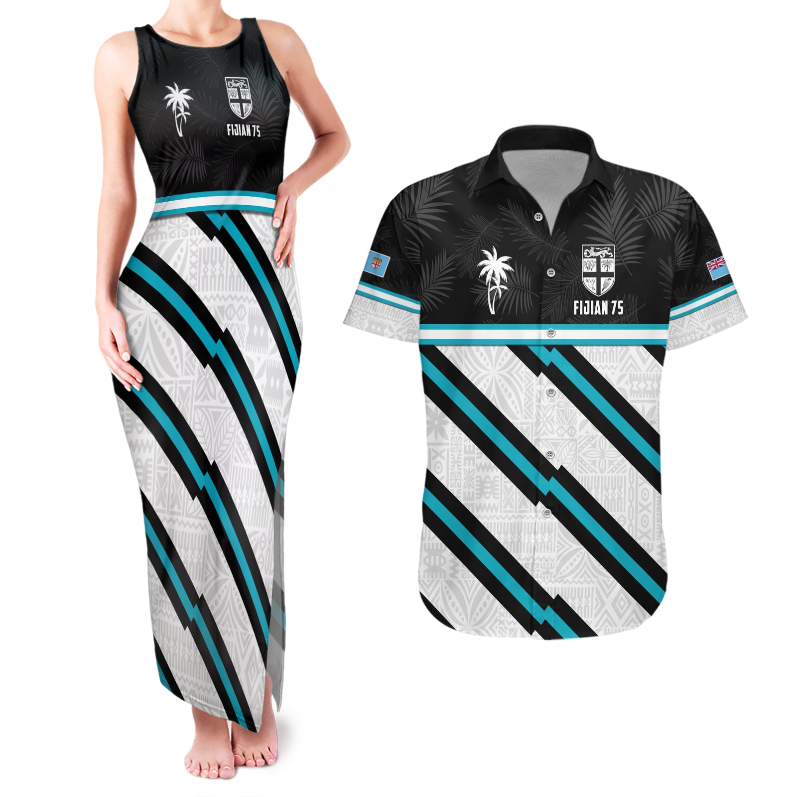 Custom Fiji Rugby Couples Matching Tank Maxi Dress and Hawaiian Shirt Fijian 7s With Tapa Pattern LT05 White - Polynesian Pride