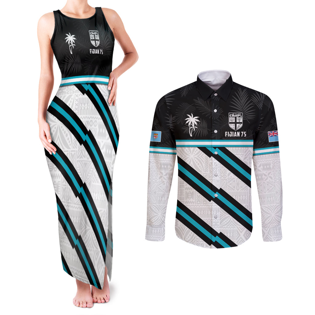Custom Fiji Rugby Couples Matching Tank Maxi Dress and Long Sleeve Button Shirt Fijian 7s With Tapa Pattern LT05 White - Polynesian Pride