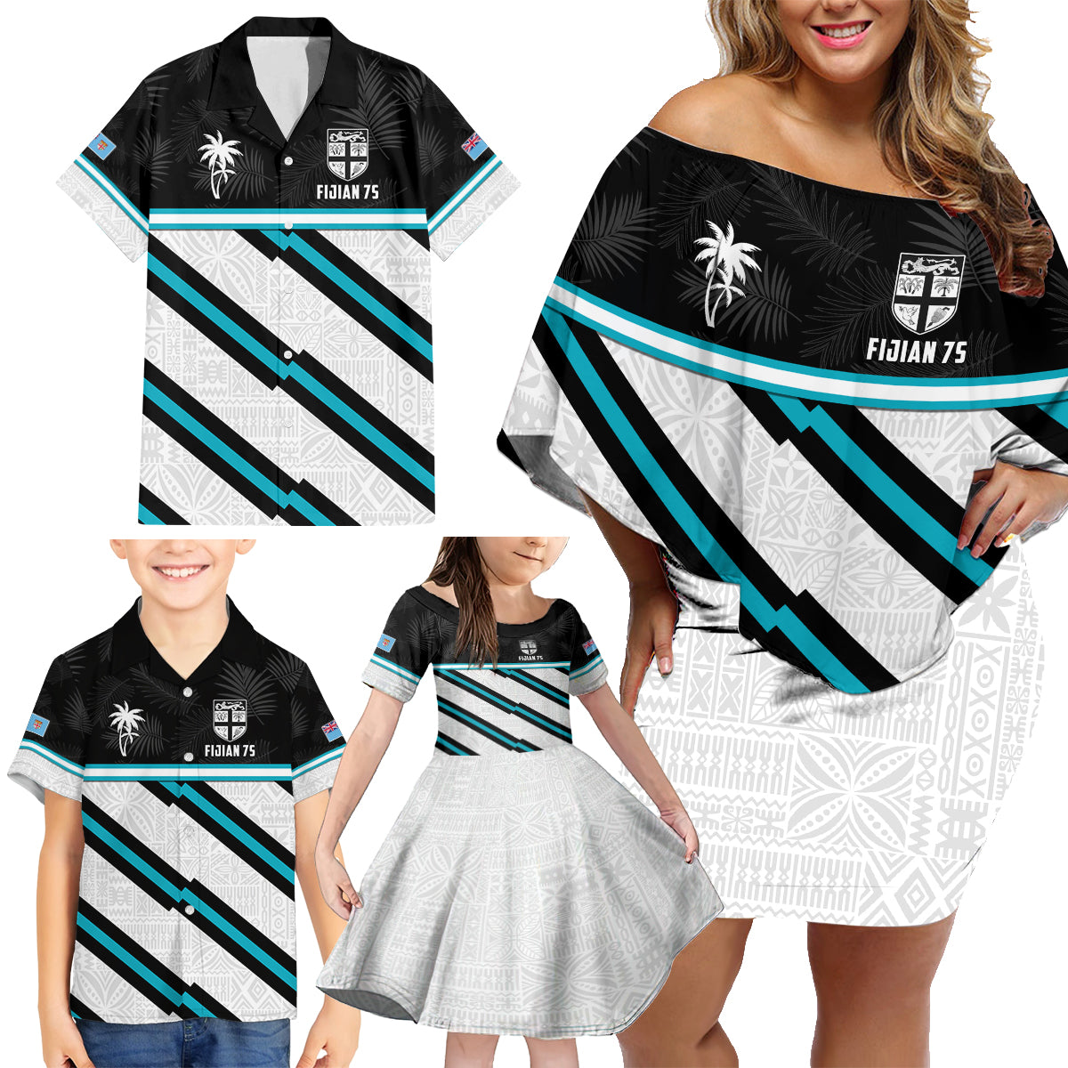 Custom Fiji Rugby Family Matching Off Shoulder Short Dress and Hawaiian Shirt Fijian 7s With Tapa Pattern LT05 - Polynesian Pride