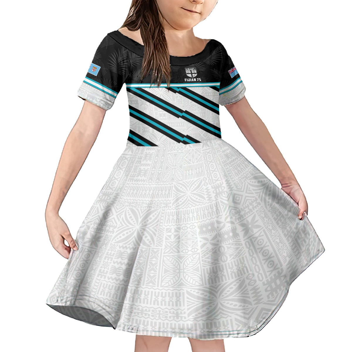 Custom Fiji Rugby Kid Short Sleeve Dress Fijian 7s With Tapa Pattern LT05 KID White - Polynesian Pride